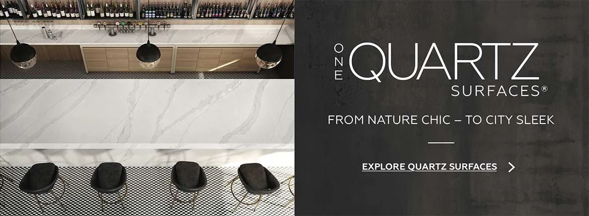 ONE Quartz Surfaces advertisement with an overhead view of a kitchen island