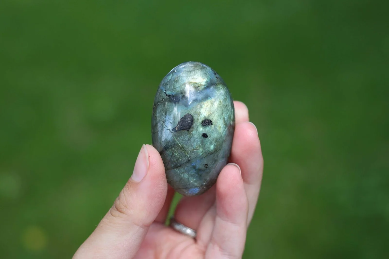 Hand holding a polished stone with blue and green flashes against a blurred green background