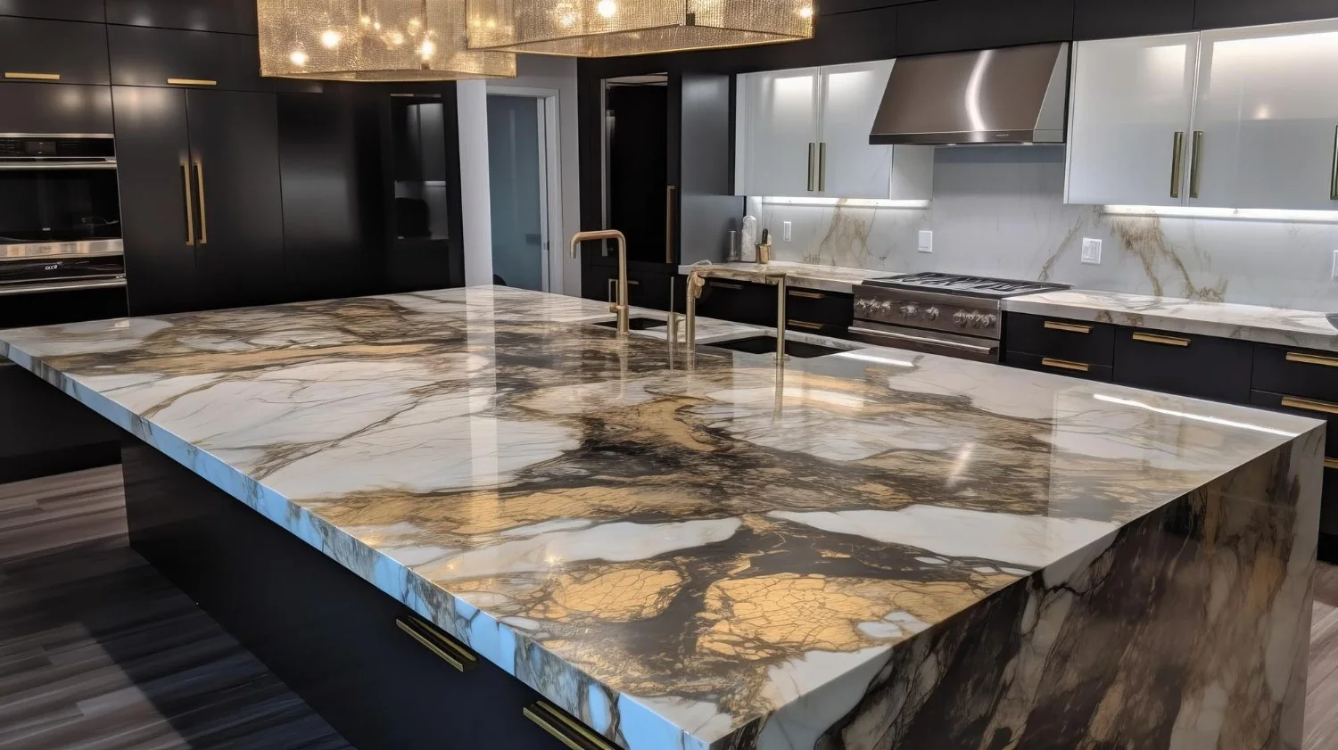 AI-generated kitchen concept with a dramatic white and gold veined island