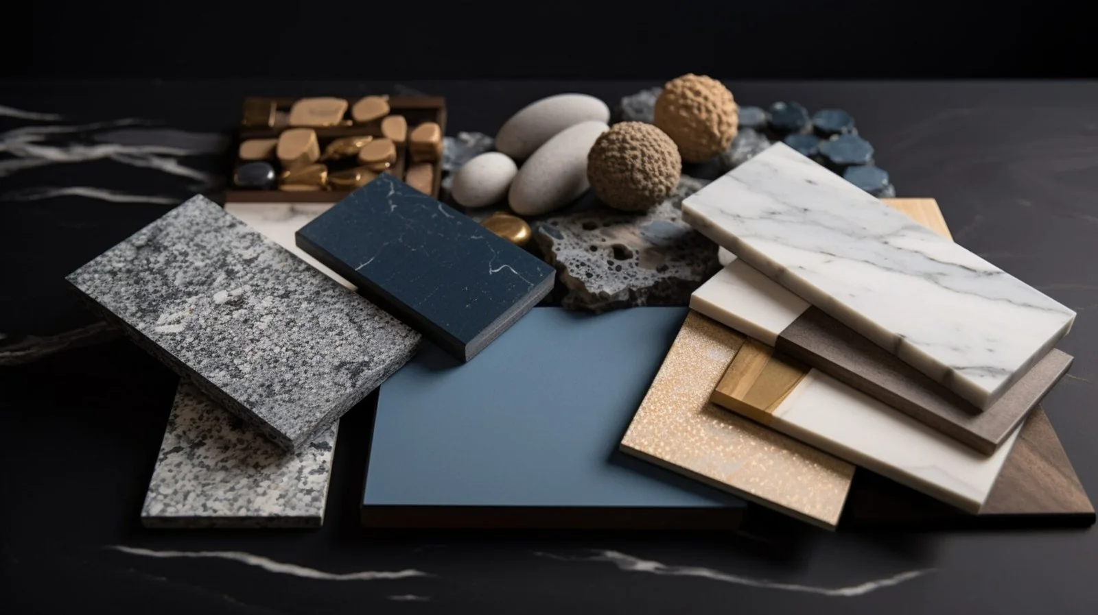Mood board with dark blue, gray, white, and wood finish samples