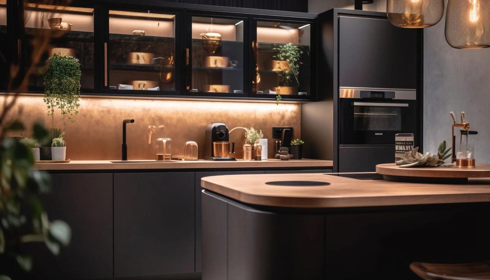 AI-generated kitchen concept with dark cabinetry, warm lighting, and a rounded island