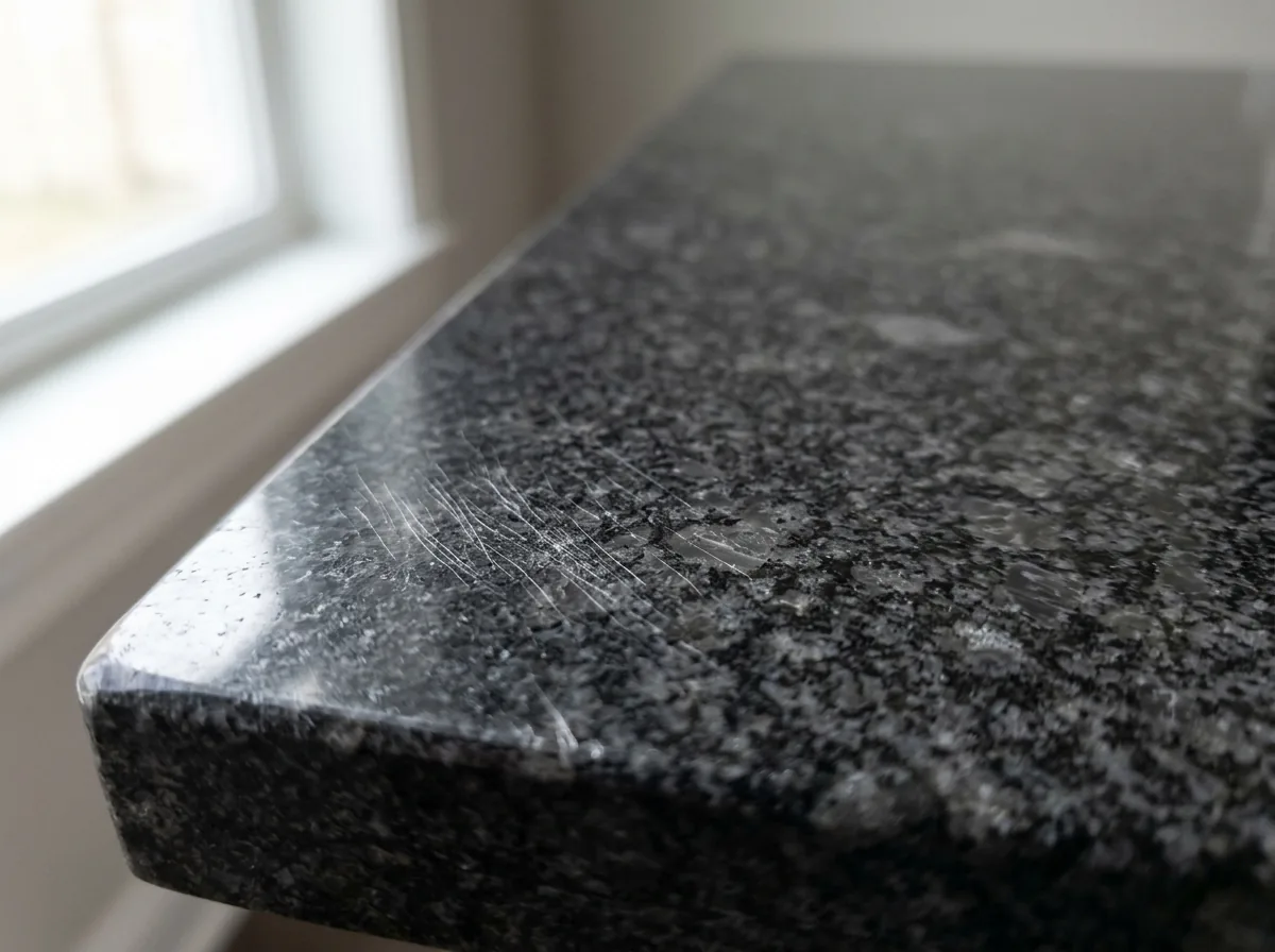 Dark speckled granite countertop corner with fine surface scratches catching the light near the eased edge