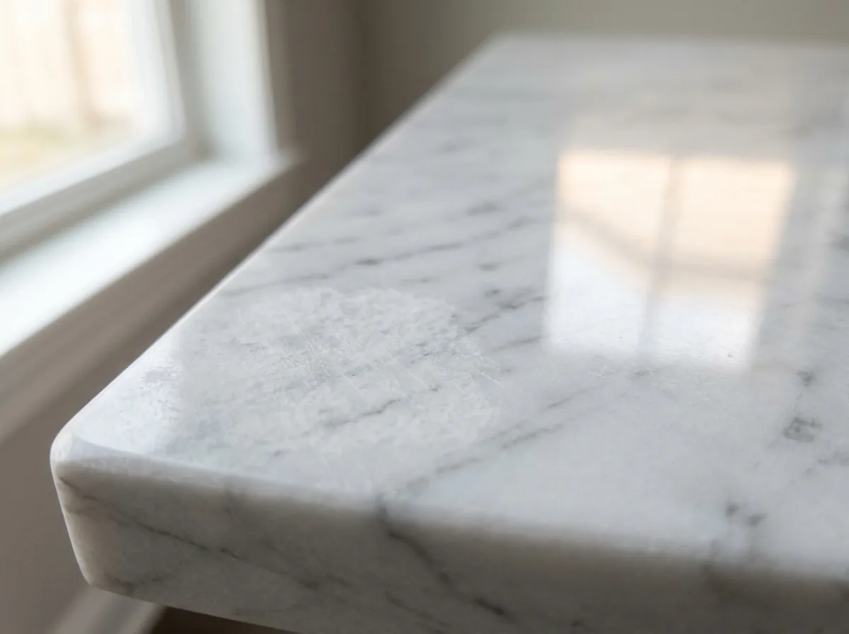 Honed white marble countertop with a dull patch and fine scratch lines next to an untouched polished area, seen in raking window light