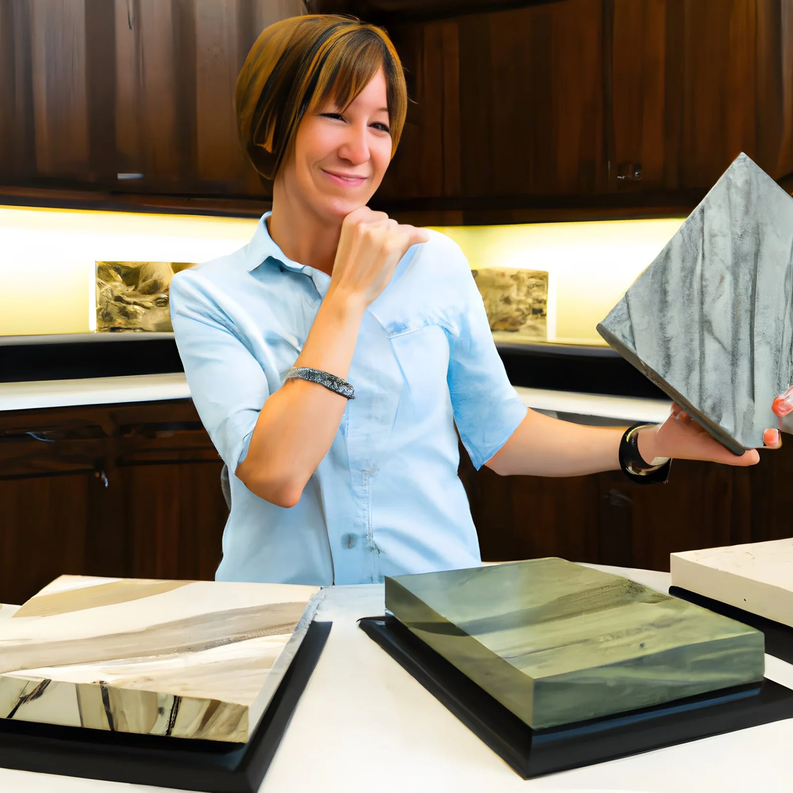 Illustration of a woman comparing countertop samples in a kitchen