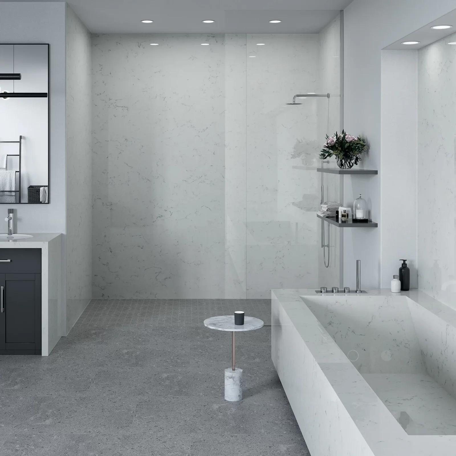Contemporary bathroom with pale gray surfaces, a freestanding tub, and a glass shower
