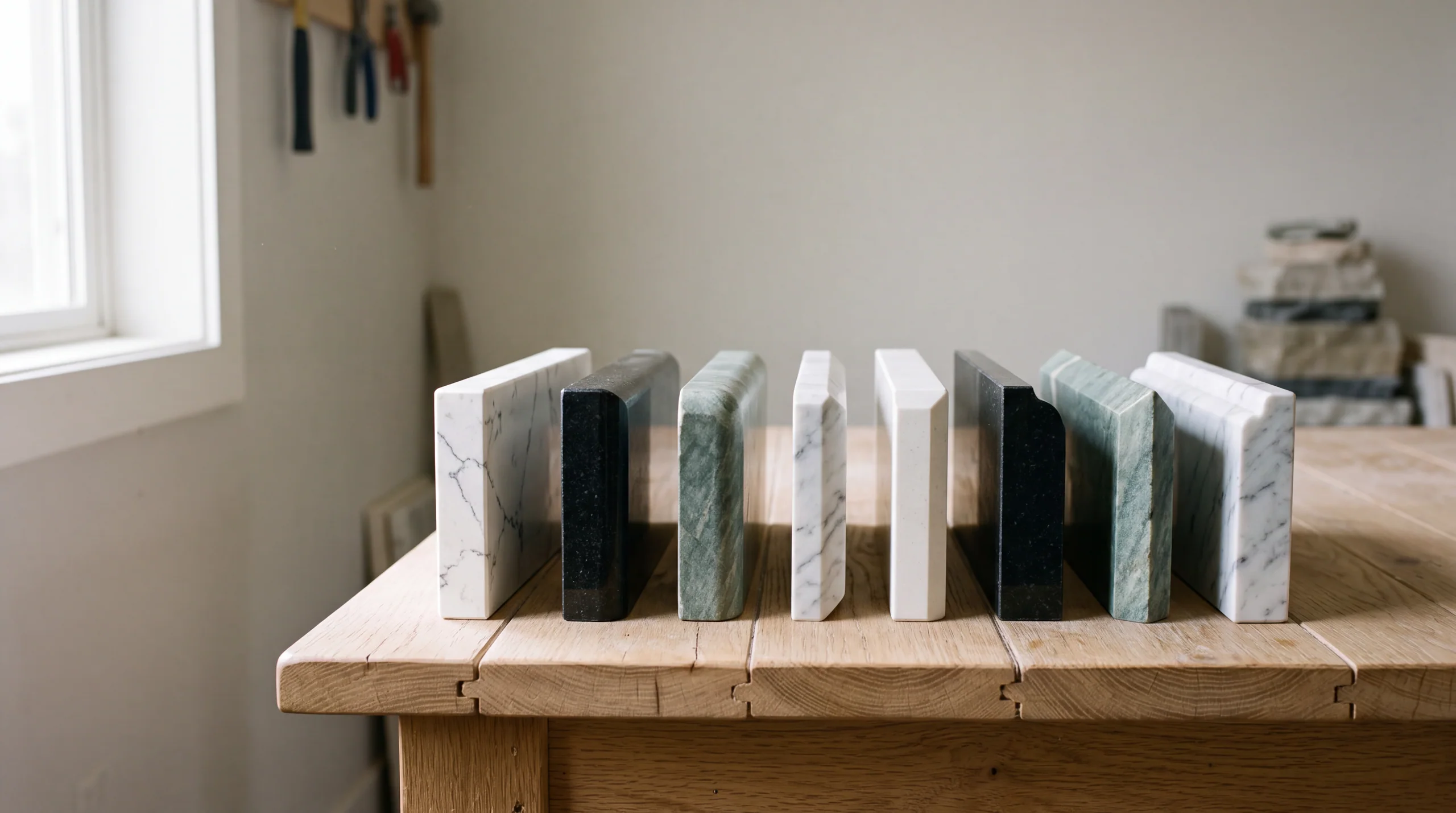 Eight stone samples showing different countertop edge profiles on a wooden table
