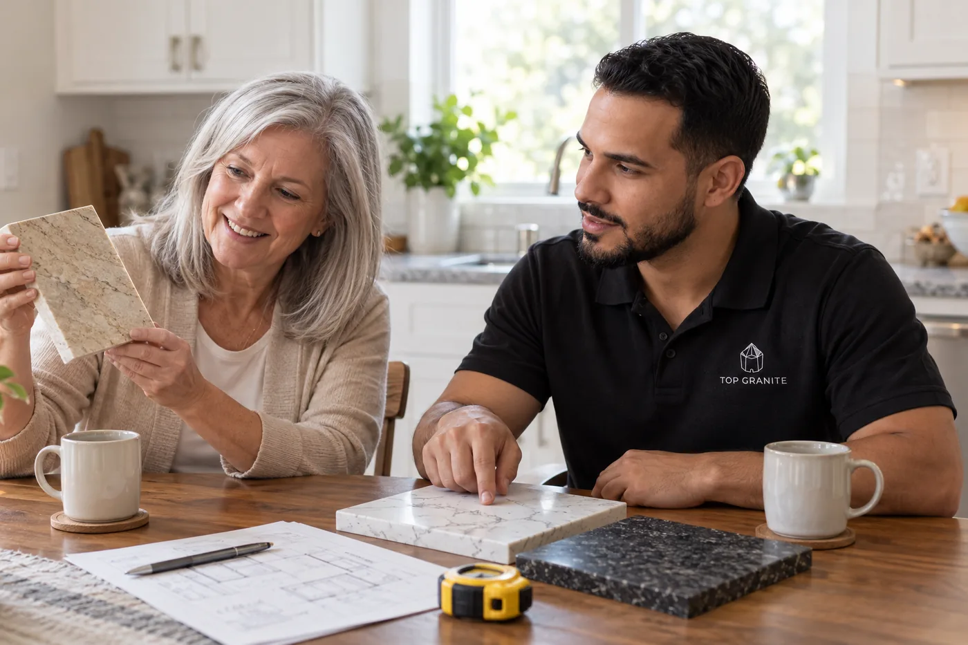 Top Granite specialist reviewing countertop samples with a homeowner at her table
