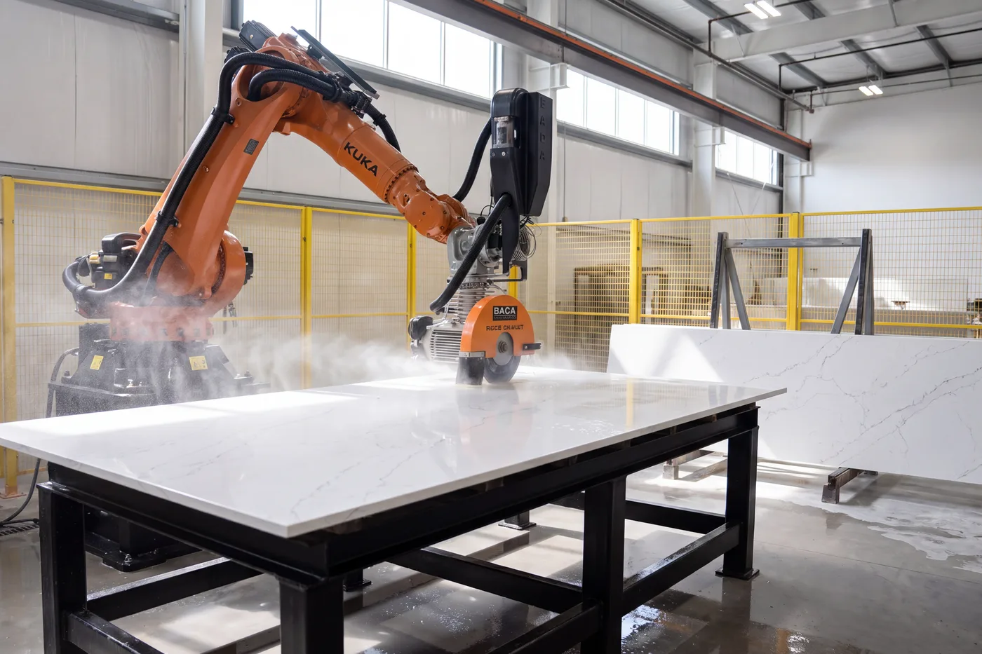 Robotic saw cutting a white quartz slab in a fabrication shop