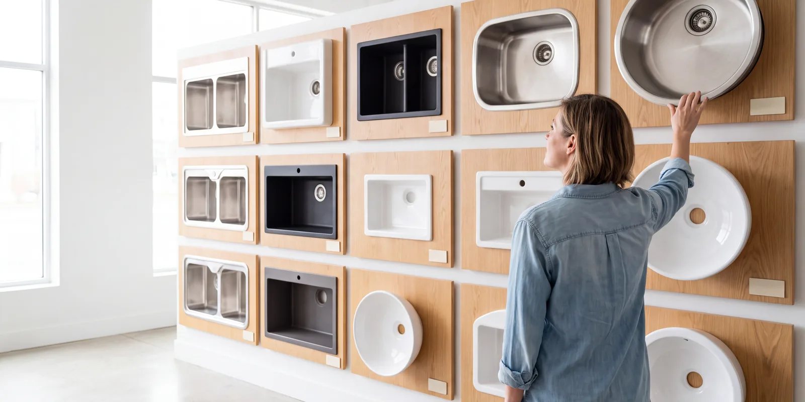 Showroom wall with kitchen and bathroom sinks in stainless steel, black and white