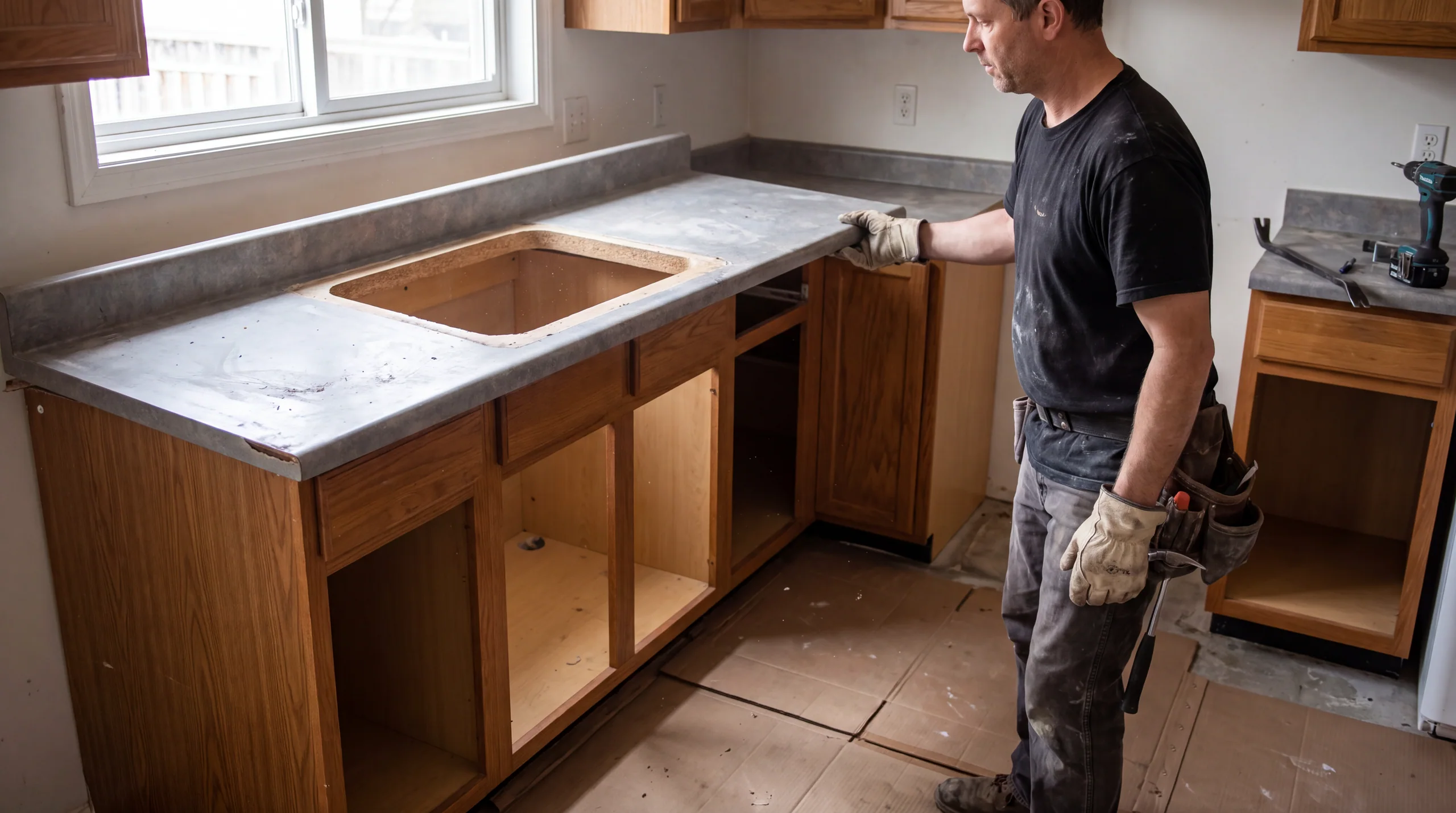 Installer lifting an old laminate countertop off the base cabinets