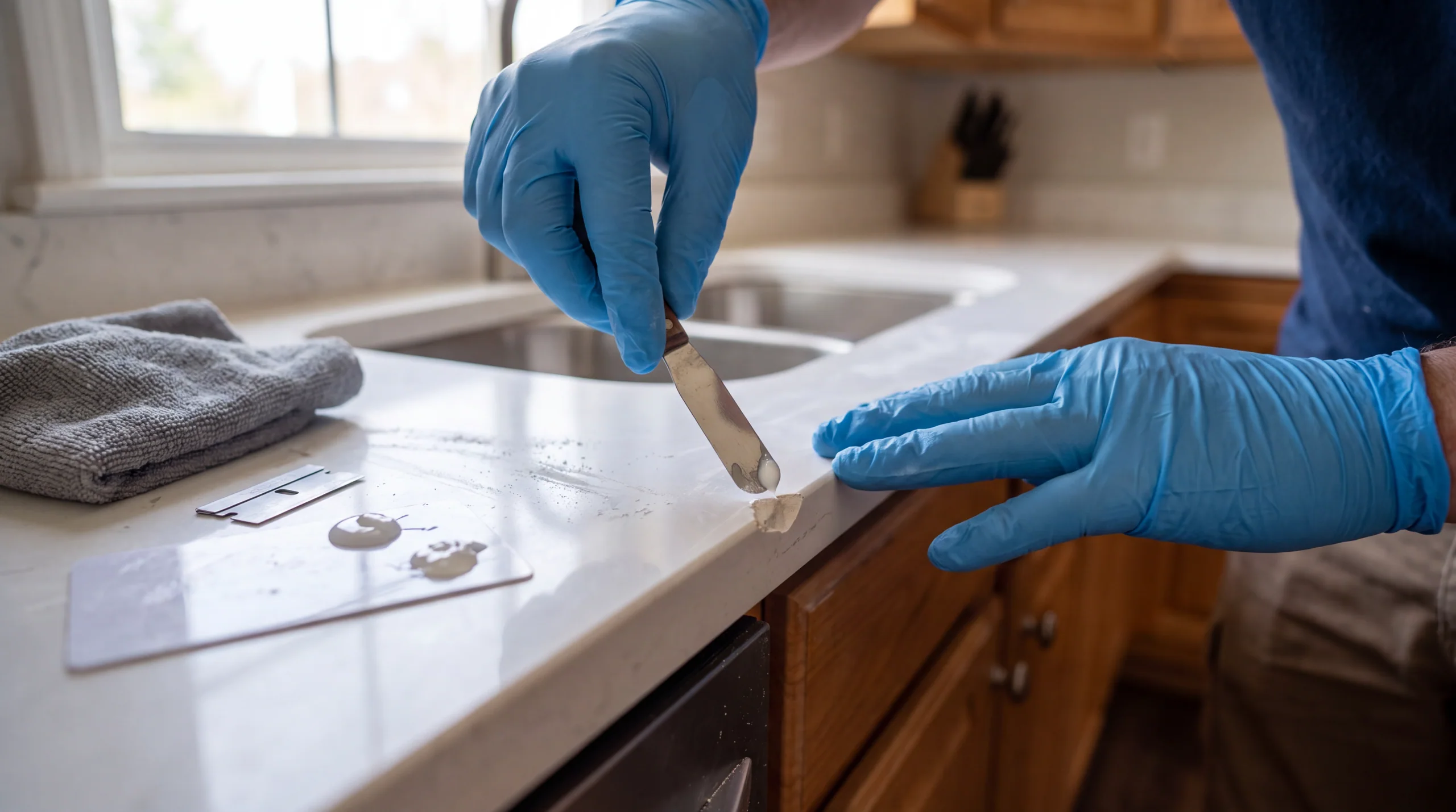 Technician filling a small chip on the edge of a white quartz countertop