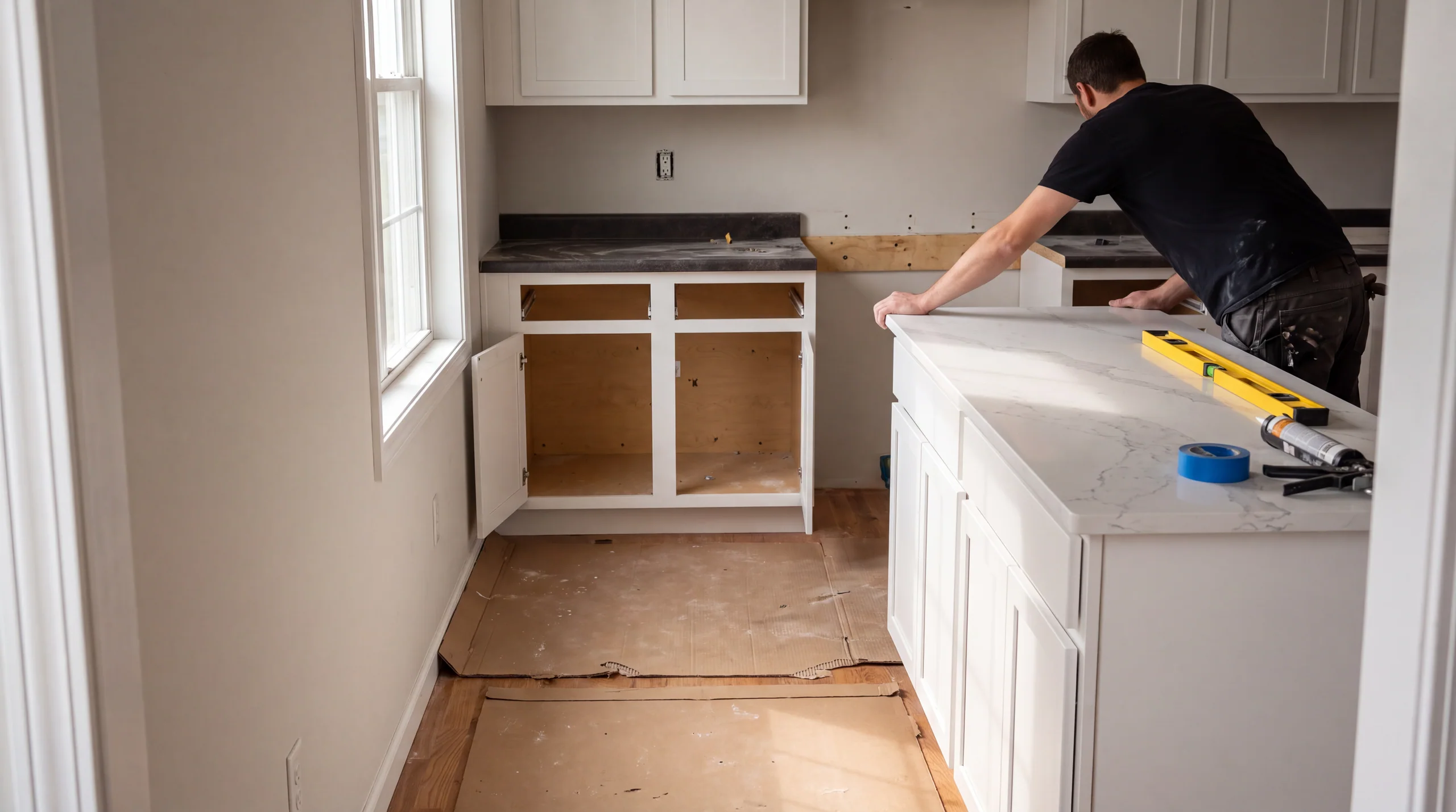 Installer aligning a new white quartz countertop while the old countertop waits to be removed