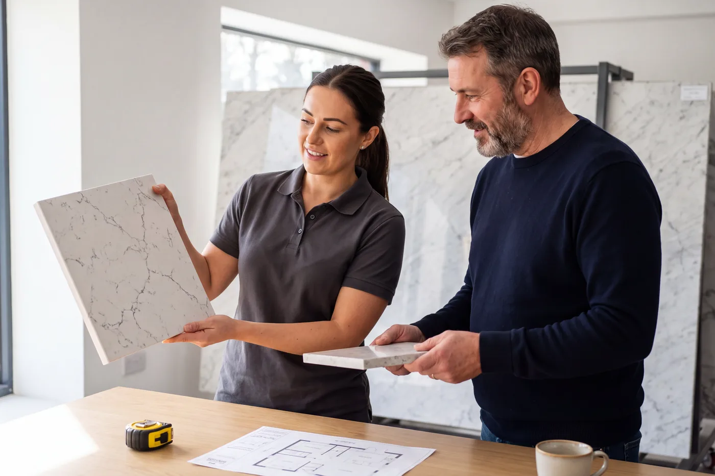 Specialist and homeowner comparing a quartz sample in a slab showroom
