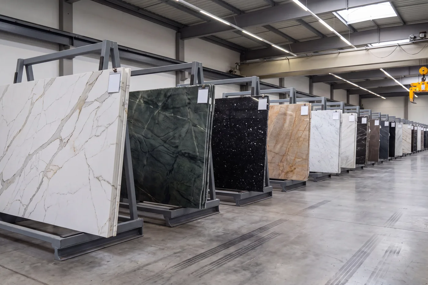 Full slabs of quartz, quartzite, granite and marble in showroom racks