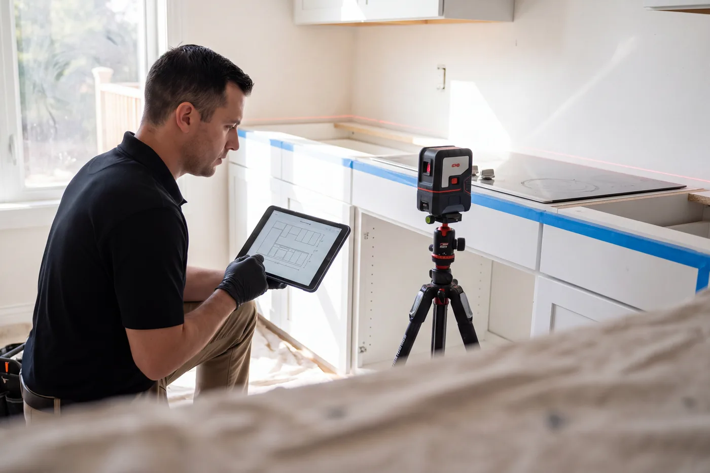 Technician checking a laser template on bare kitchen cabinets