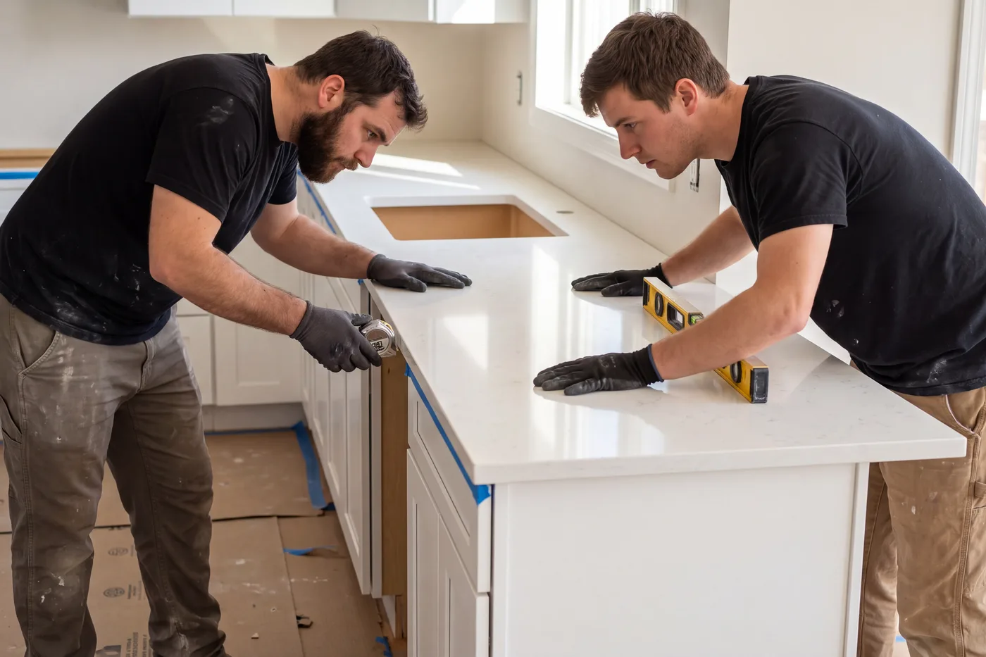 Installers setting a white quartz countertop onto cabinets