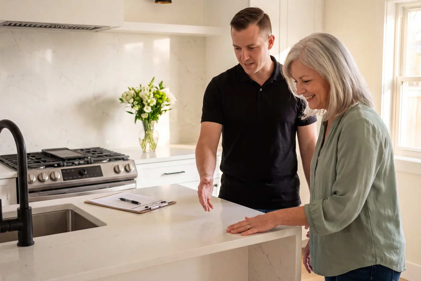 Specialist walking a homeowner through her finished kitchen
