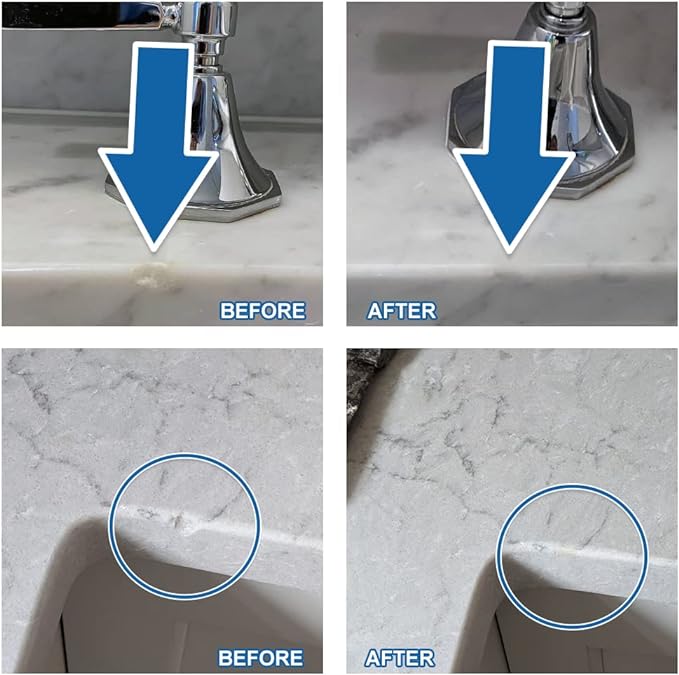 Before and after images of a repaired quartz countertop