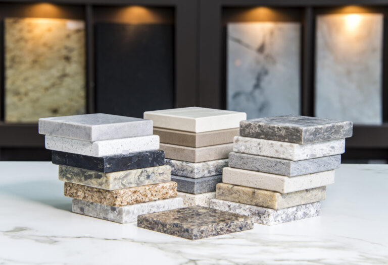 A display of various countertop materials including granite, quartz, marble, and butcher block in a showroom setting.