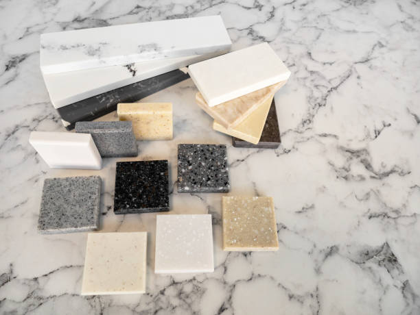 Different countertop materials including granite, quartz, and marble